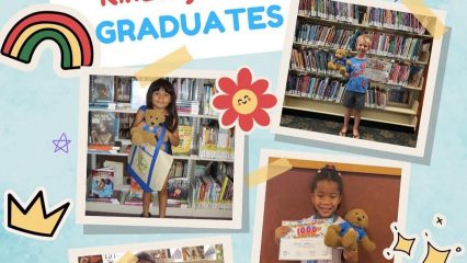 Children display certificates and stuffed toys in front of library bookshelves, celebrating "1000 Books Before Kindergarten" achievements.