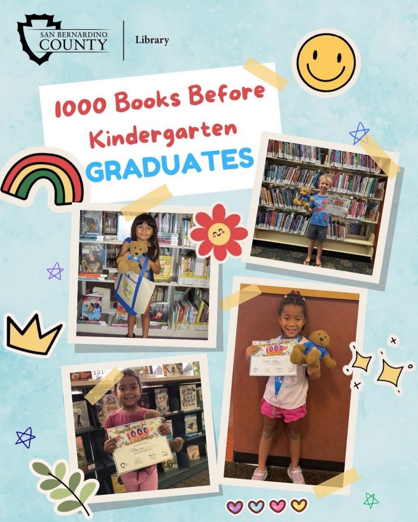 Children display certificates and stuffed toys in front of library bookshelves, celebrating "1000 Books Before Kindergarten" achievements.