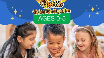 Three children, diverse in appearance, lie on the floor joyfully reading a book together. Above them, text reads "1000 Books Before Kindergarten, Ages 0-5."