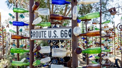 Colorful glass bottles arranged on old metal pipes and tree limbs
