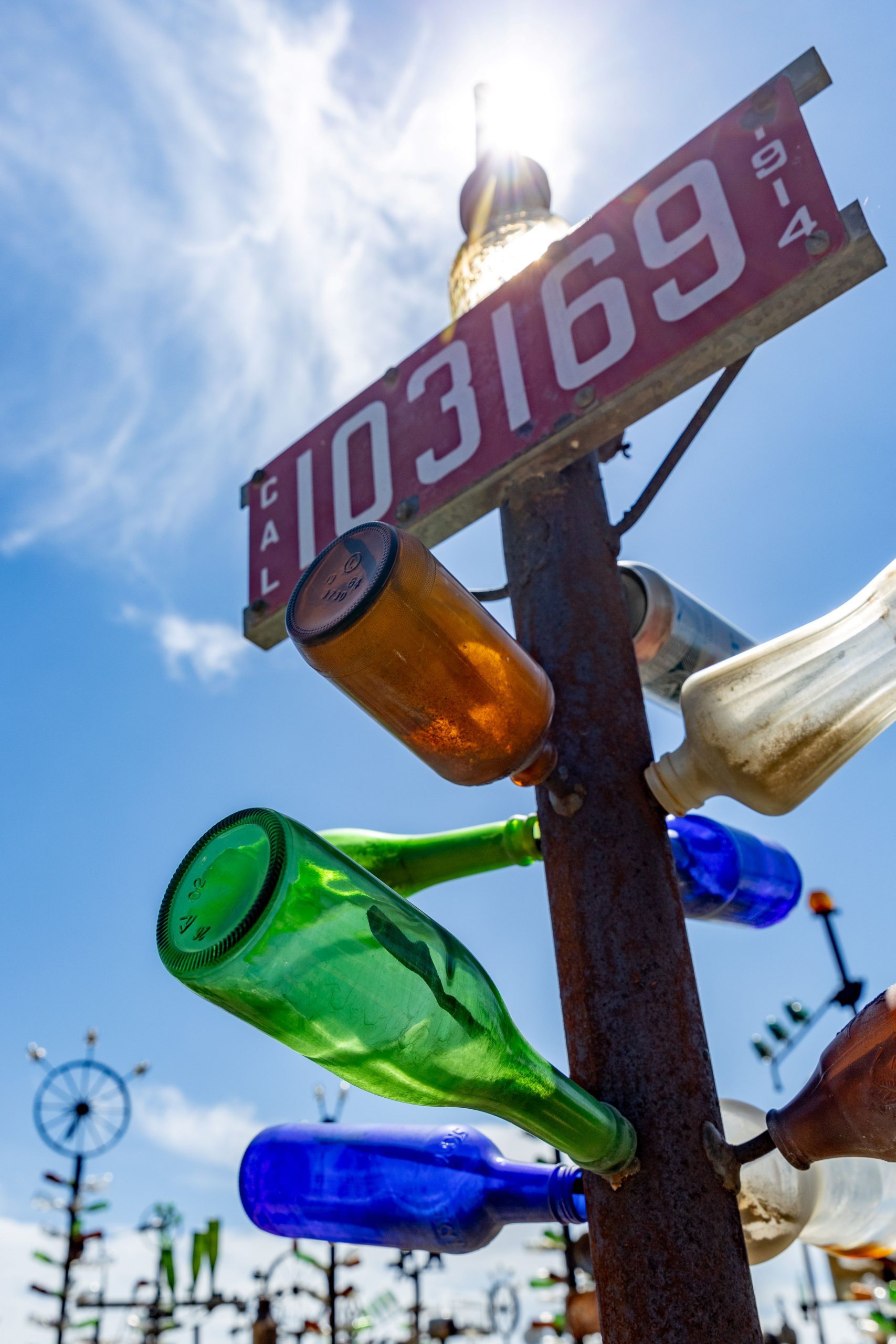 1M3A5954 - Bruce Herwig Colorful glass bottles arranged on old metal pipes and tree limbs.