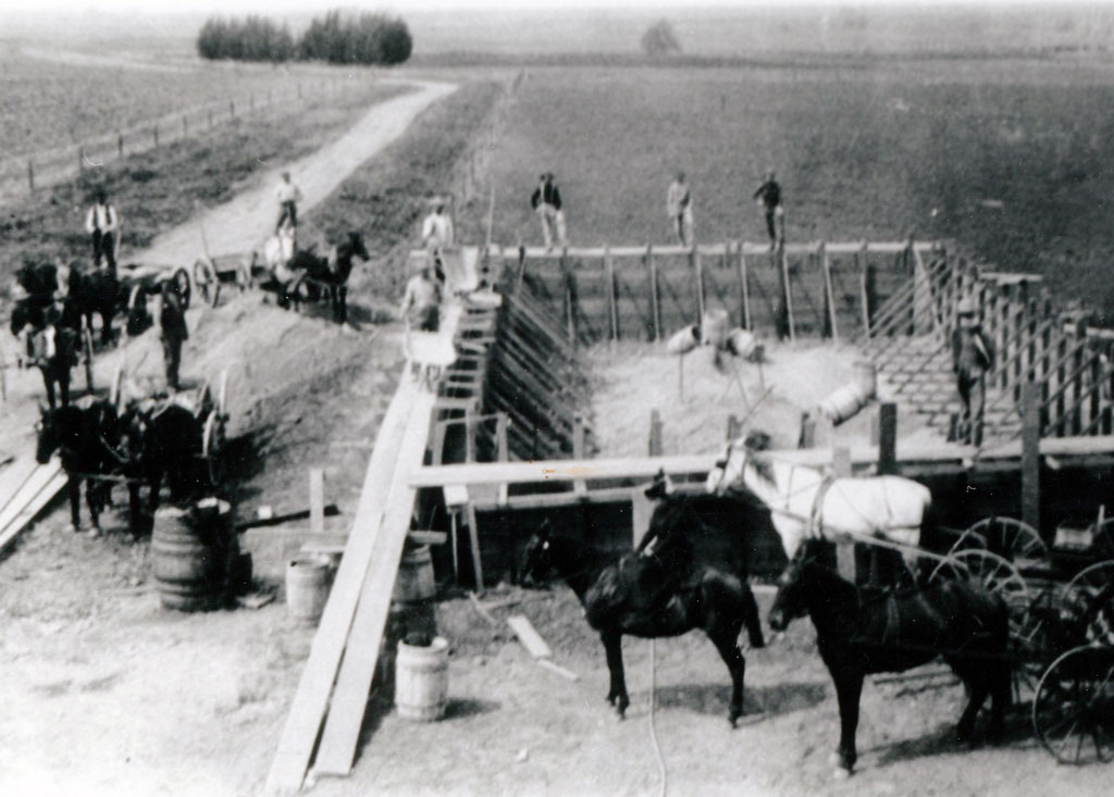 Construction of Chino's first resevior, cornerstone dated 1894