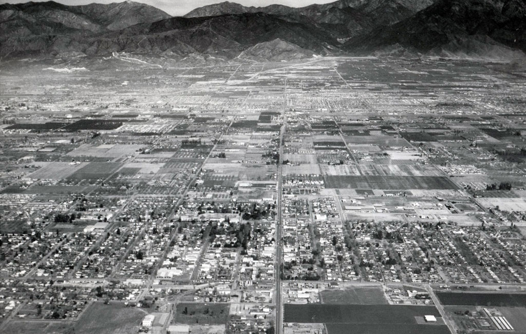 Black and white aerial image of Chino, February 5, 1963; closer up shot resized