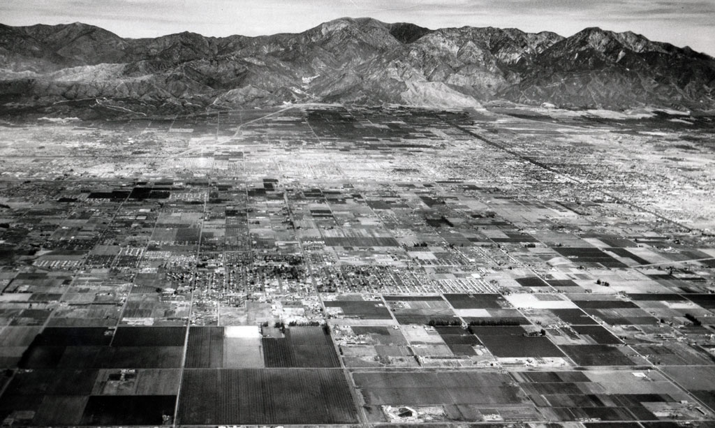 Black and white aerial image of Chino, February 5, 1963; more distant shot