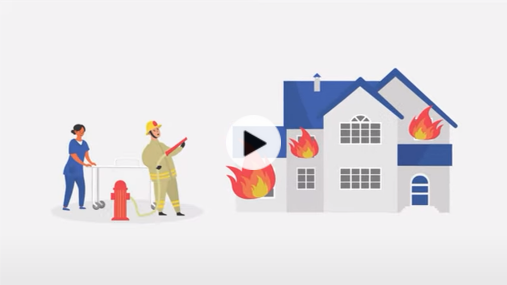 A graphic of a house on fire on the right with a firefighter and woman standing on the left near a fire hydrant with water hose.