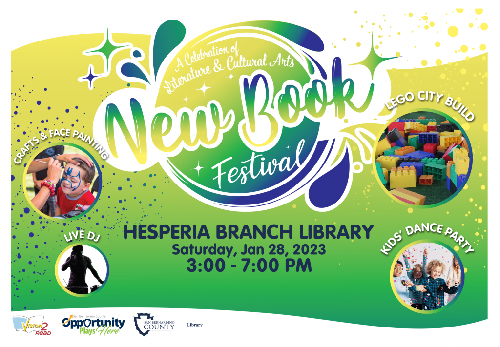 A graphic with a circle in the middle surrounded by water drops on an yellow to green gradient background with splash dots. There are four smaller circles with two on each side of the larger circle. The smaller circles contain stock photos of face painting activity, Legos, kids dancing and an adult silhouette advertising the Hesperia Library branch date Jan. 28, 2023 and time 3 p.m to 7 p.m.  