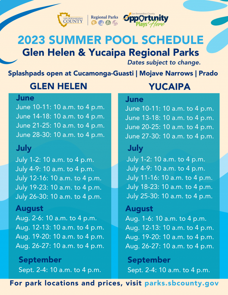 Summer pool schedule available for Glen Helen and Yucaipa Regional