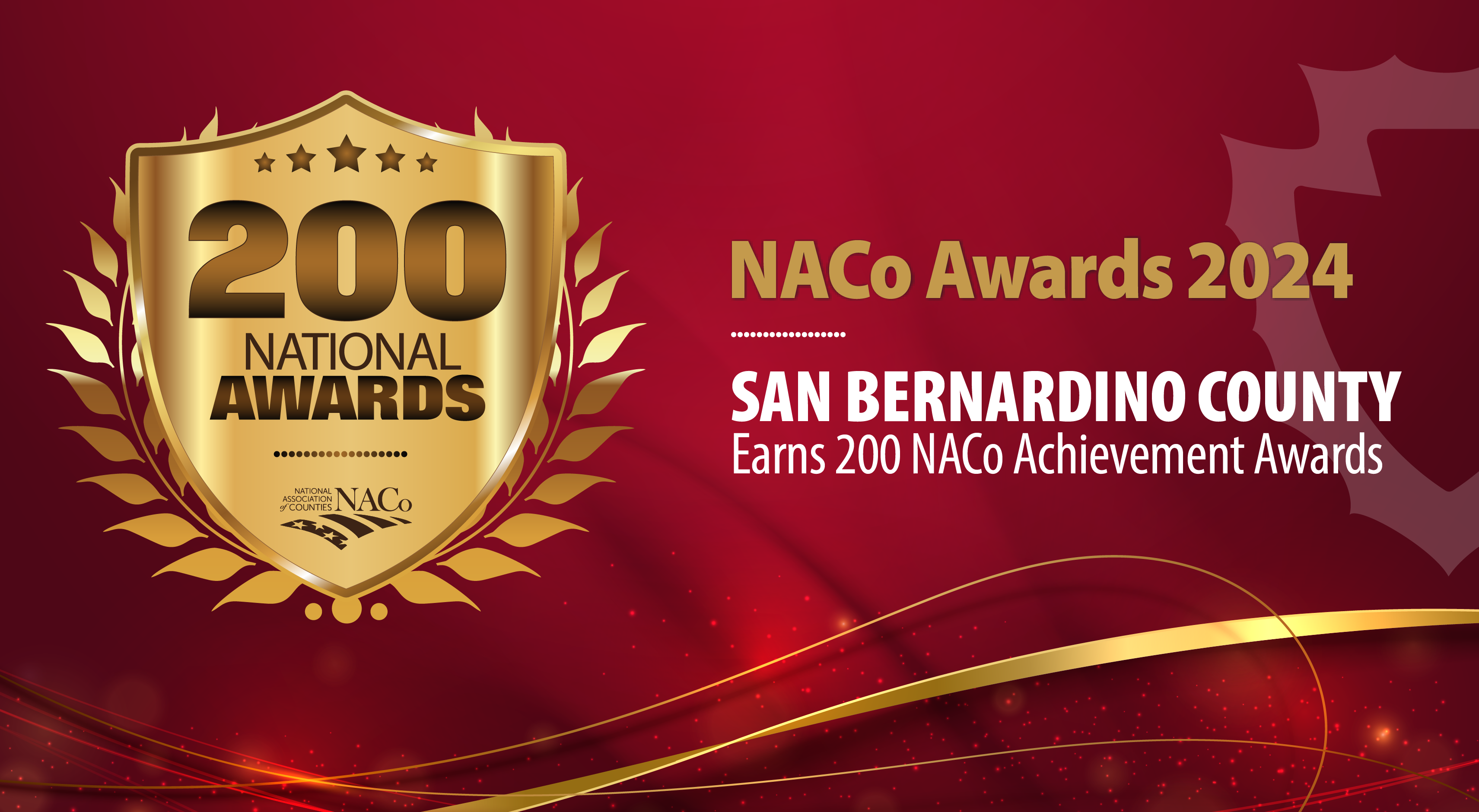 A graphic advertising the NACo awards with a gold medal with the number 200 against a dark burgundy background and gold swooshes.