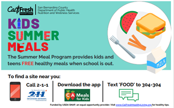 A graphic with clip art of a plate of food on the right and kids summer meals words on the left.