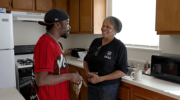 mother and son in kitchen