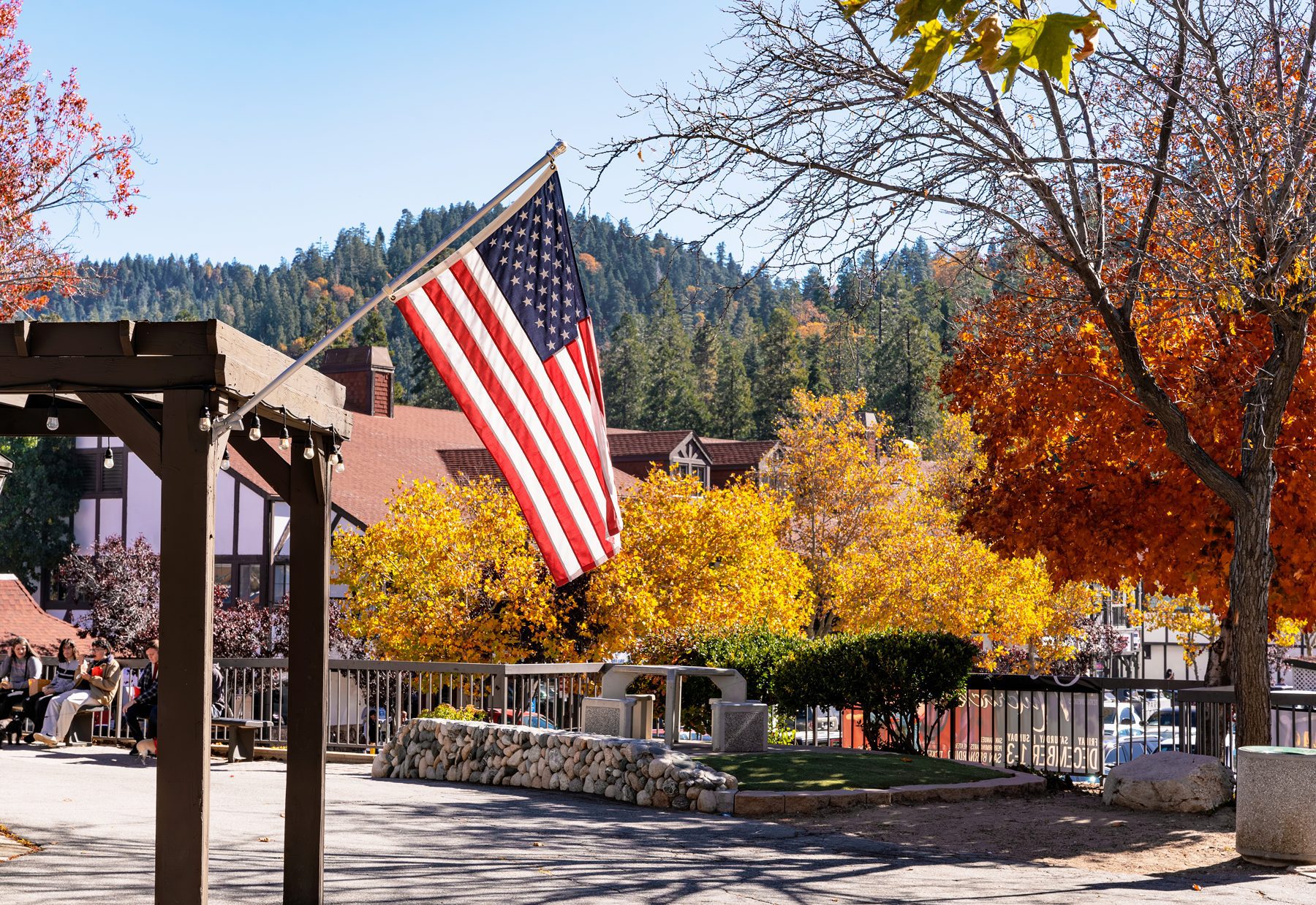 shops and American flag