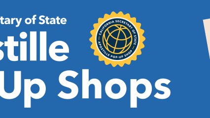 Text: ‘California Secretary of State Apostille Pop-Up Shops’ with the same text on the event logo, along with clip art of a hand stamping a document.