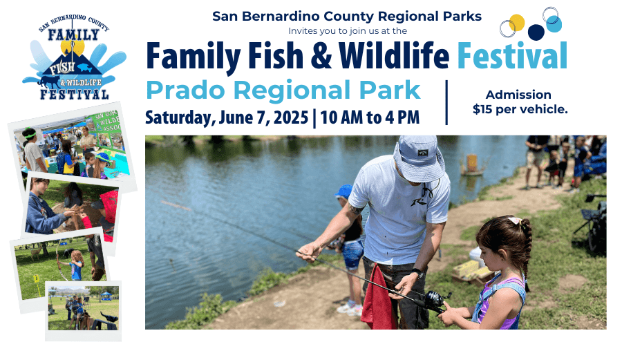San Bernardino County Regional Parks invites you to join us at the Family Fish & Wildlife Festival, Prado Regional Park, Saturday, June 7, 2025, 10 a.m.-4 p.m., admission is $15 per vehicle. Man holding fishing rod for a child near a body of water. Four more images of children participating in outdoor activities.