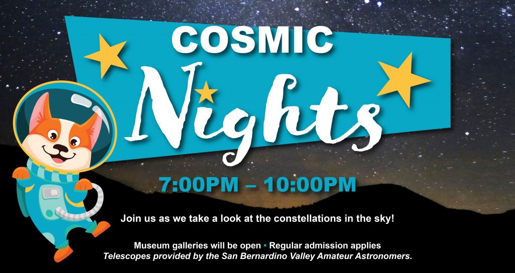 Announcement banner with a space pup for an upcoming Cosmic Nights event on Aug. 30 from 7-10 p.m. at SBCM.
