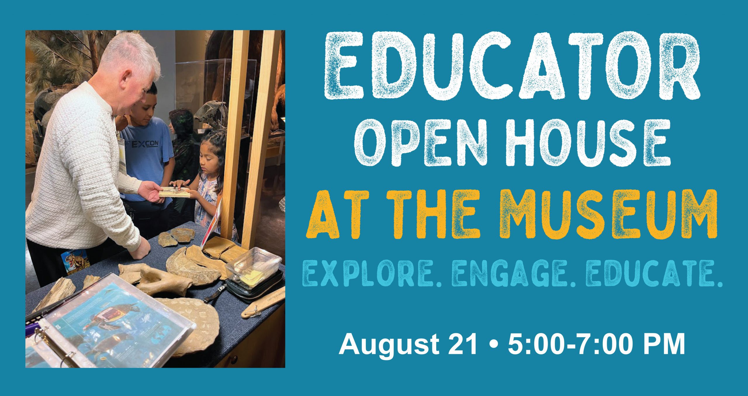 Announcement banner with a volunteer engaging with students during a cart talk. Announcement for an upcoming educator open house on August 21 from 5-7 p.m. at SBCM.