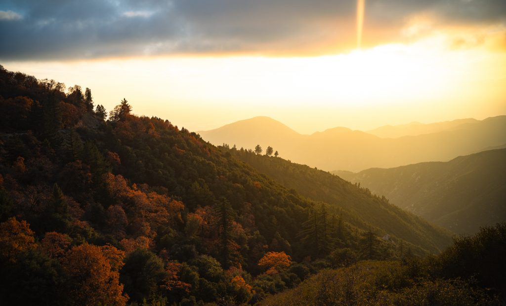 Sunrise over mountain range in Running Springs. 