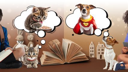 Two children reading books to a dog and cat with thought bubbles of cat eating and dog in cape.