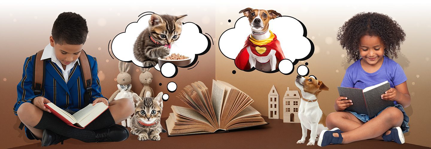 Two children reading books to a dog and cat with thought bubbles of cat eating and dog in cape.