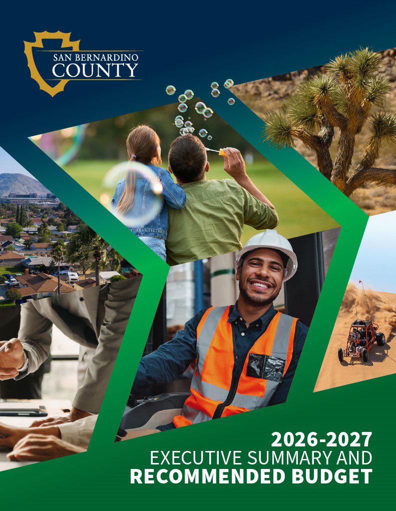 San Bernardino County 2026-2027 Executive Summary and Recommended Budget cover collage of family, workers, desert and city scenes.