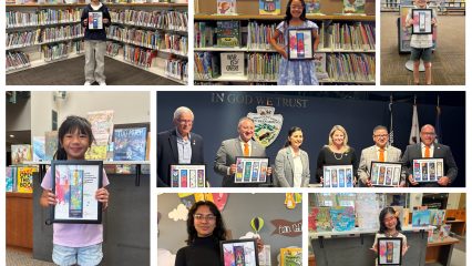 A collage of children and officials holding framed art pieces in a library setting. The mood is celebratory, emphasizing creativity and community.