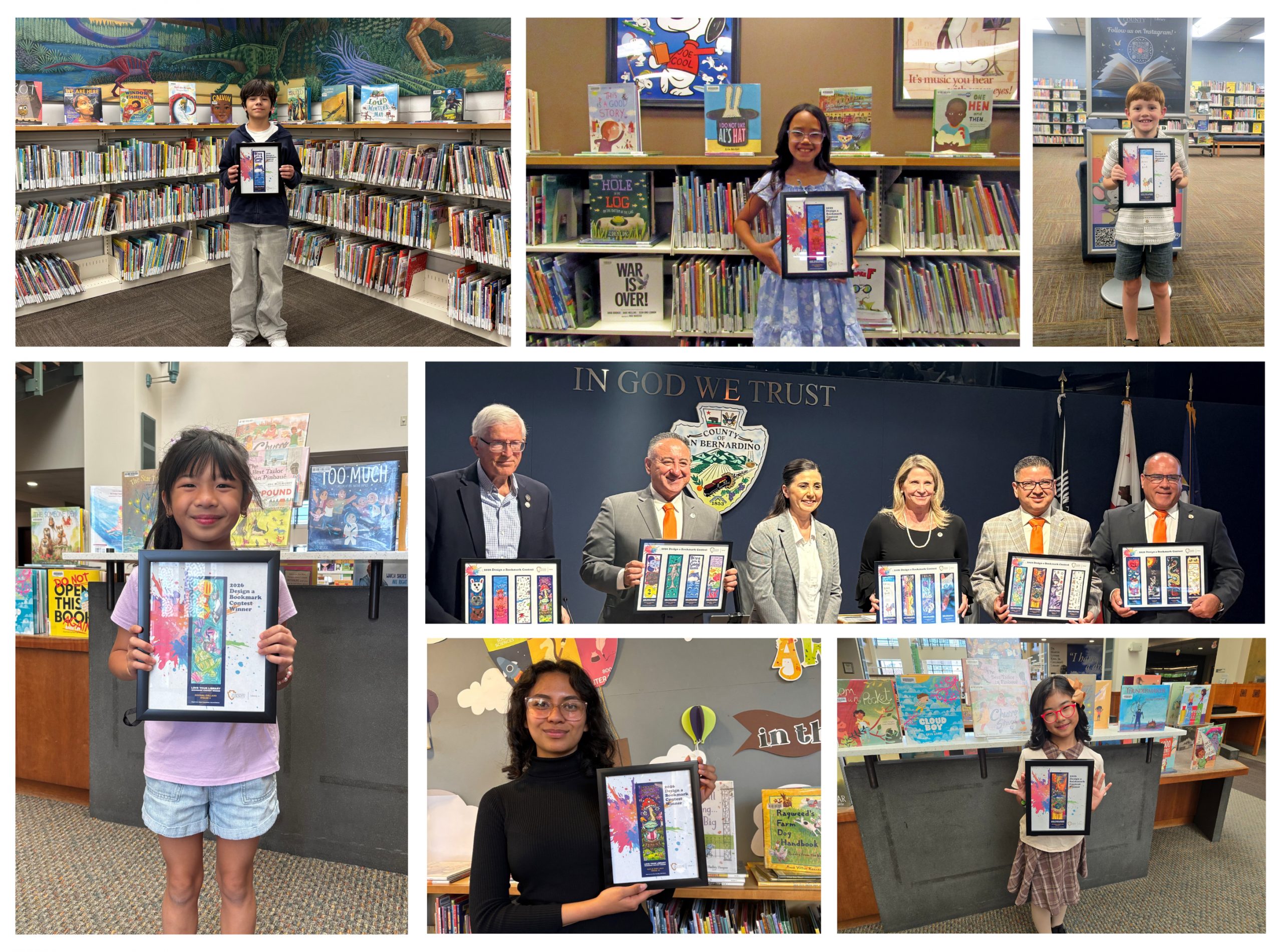 A collage of children and officials holding framed art pieces in a library setting. The mood is celebratory, emphasizing creativity and community.