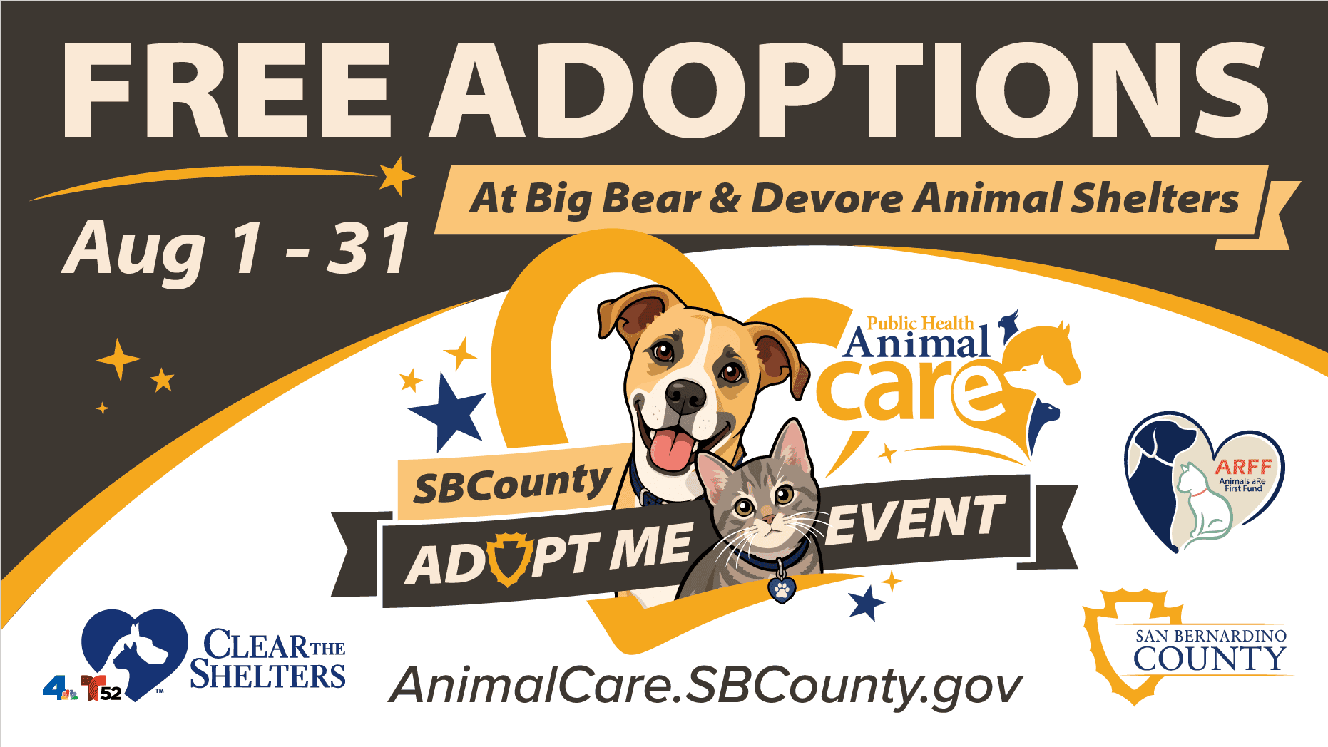 This image is a promotional banner for a pet adoption event at Big Bear and Devore Animal Shelters. It features a dog and a cat with a heart in the background. 