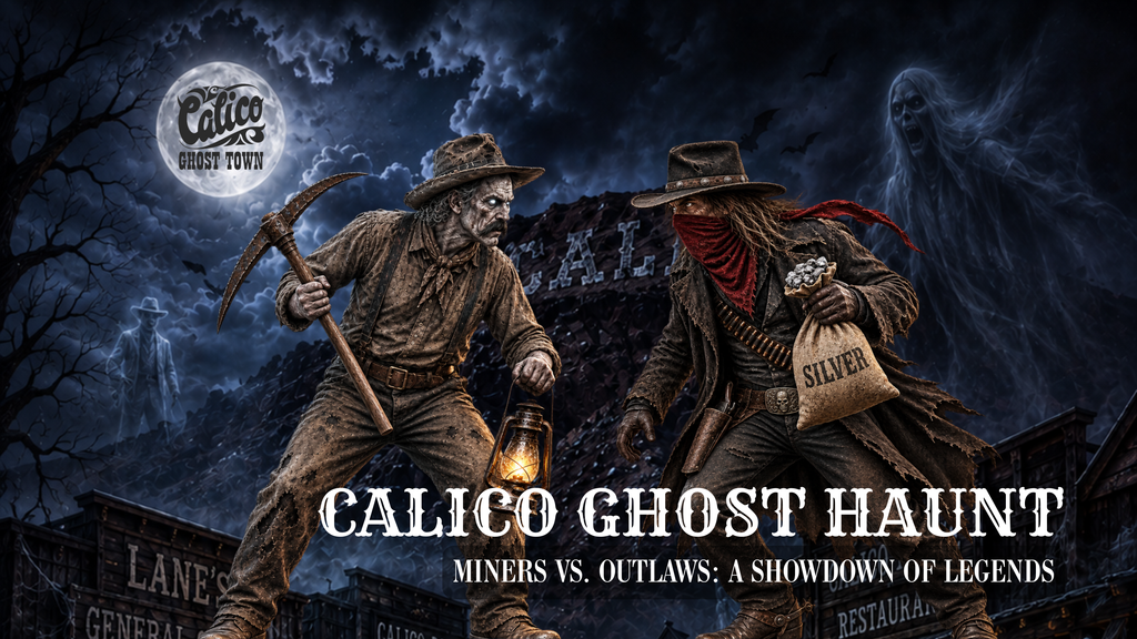 Spooky miner and masked outlaw face off in a haunted Western town under a full moon for Calico Ghost Haunt: Miners vs. Outlaws.