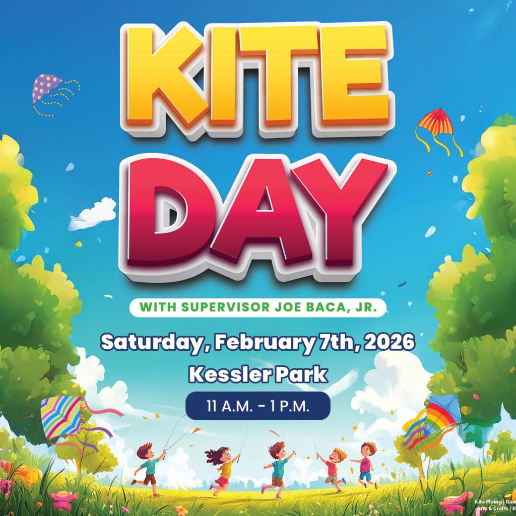 Children running with kites against a blue sky in a park with the words Kite Day with Supervisor Joe Baca, Jr., Saturday, February 7th, 2026, Kessler Park, 11 a.m. – 1 p.m.