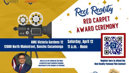 A graphic for the Reel Reality Red Carpet Event at AMC Victoria Gardens 12 on Saturday, April 12, from 11 a.m. to noon. The graphic includes a QR code for registration and mentions the celebration of films created by local students. Sponsored by Second District Supervisor Jesse Armendarez, San Bernardino County Behavioral Health and San Bernardino County Public Health.