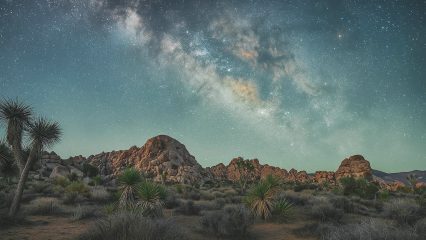 A view of the Milky Way and stars with rock formations and Joshua trees below it.