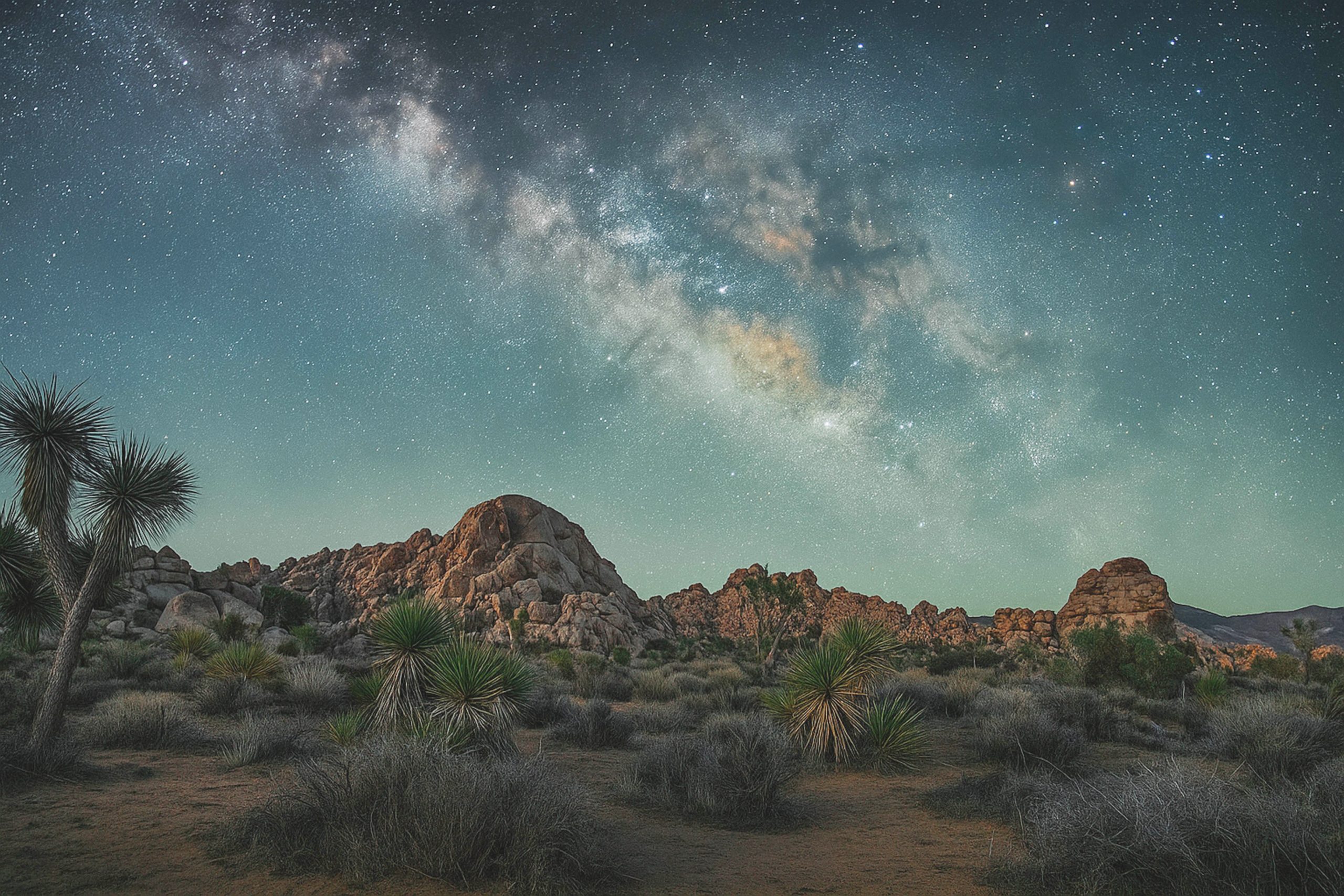 A view of the Milky Way and stars with rock formations and Joshua trees below it.