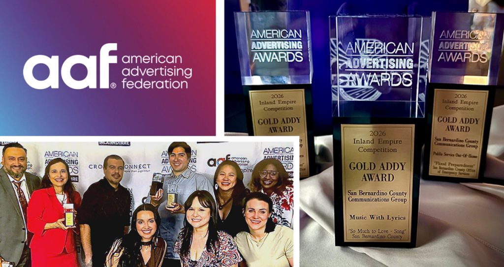 County Administrative Office Communications celebrates at the 2026 ADDY Awards, where the team earned multiple gold and silver honors for creative, impactful visual and audio communication projects.