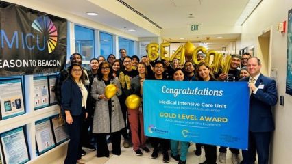 Arrowhead Regional Medical Center was awarded the Gold Level Beacon Award for Excellence from the American Association of Critical Care Nurses. ARMC's Chief Executive Officer, Andrew Goldfrach, FACHE, and Chief Operating Officer, Nanette Buenavidez, RN, celebrated the award with Zorina Hernandez, RN, Unit Manager and the 4-North Medical Intensive Care Unit team on Feb. 3.