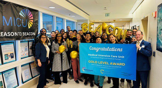 Arrowhead Regional Medical Center was awarded the Gold Level Beacon Award for Excellence from the American Association of Critical Care Nurses. ARMC's Chief Executive Officer, Andrew Goldfrach, FACHE, and Chief Operating Officer, Nanette Buenavidez, RN, celebrated the award with Zorina Hernandez, RN, Unit Manager and the 4-North Medical Intensive Care Unit team on Feb. 3.