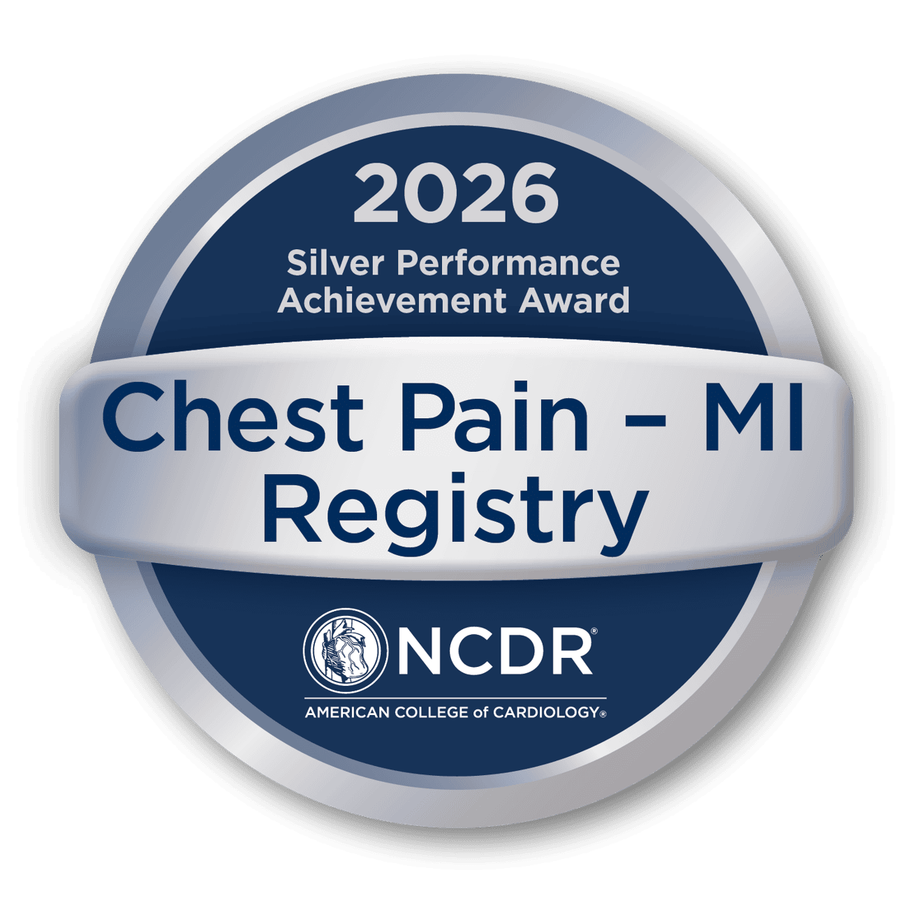 The image shows a circular silver and blue badge. At the top, it says "2026 Silver Performance Achievement Award." The center text reads "Chest Pain – MI Registry."