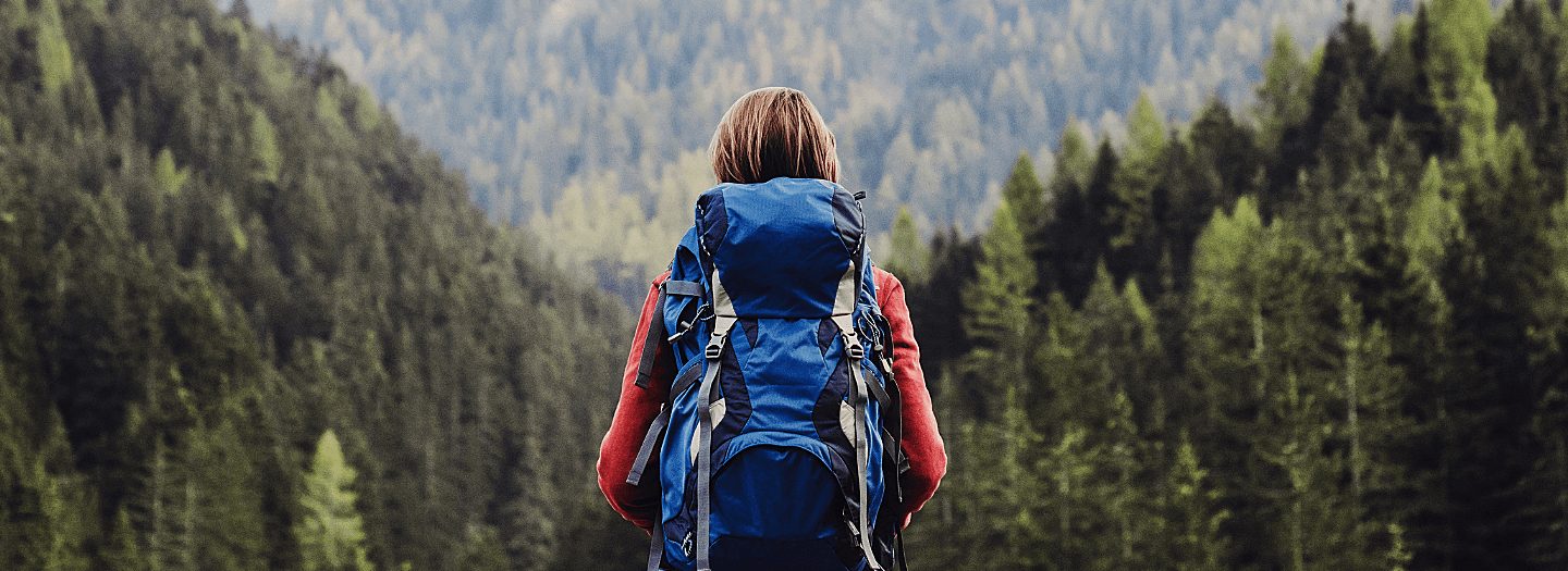 A backpacker is seen in the mountains surrounded by trees.