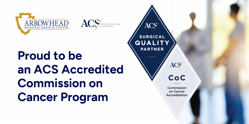 Blurred clinician and patient. Text: Proud to be an ACS Accredited Commission on Cancer Program; ACS Surgical Quality Partner; CoC Cancer Accreditation.