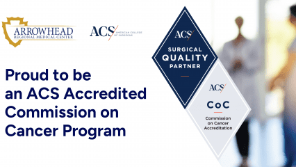 Blurred clinician and patient. Text: Proud to be an ACS Accredited Commission on Cancer Program; ACS Surgical Quality Partner; CoC Cancer Accreditation.