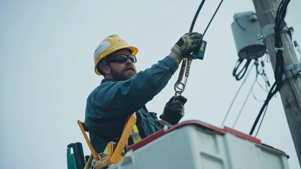Utility worker in a bucket lift wearing a hard hat and gloves, attaching equipment to overhead power lines on a utility pole.