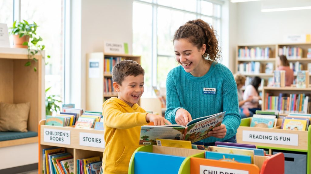 Teenager assisting young boy with book in colorful library setting.