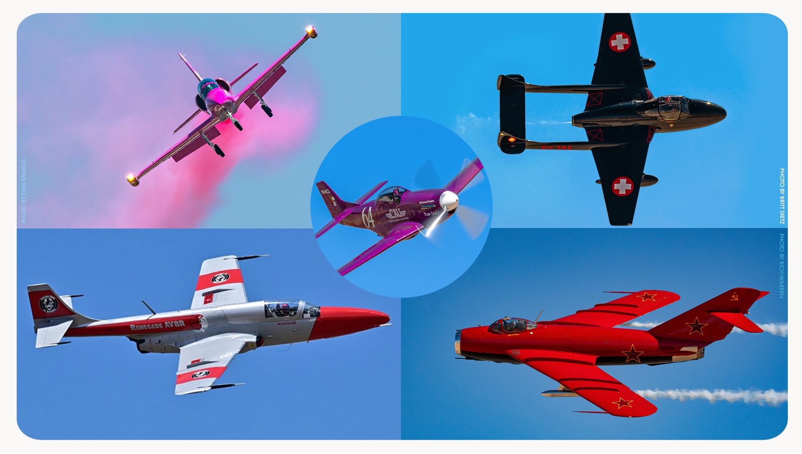 5 vintage airplanes taking flight in the sky. The top left plane is surrounded with pink smoke.