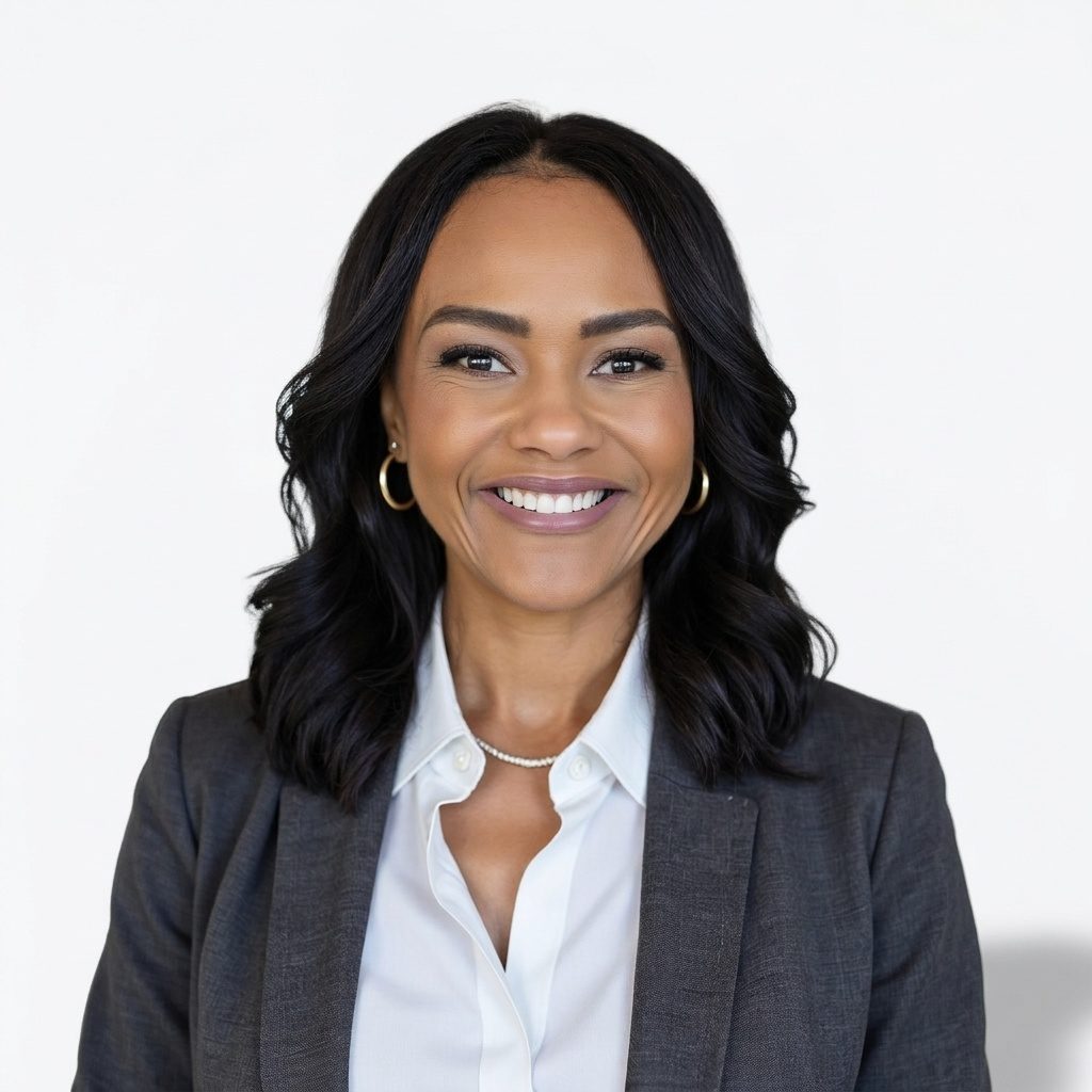 Smiling woman in a gray blazer and white blouse, wearing hoop earrings and a necklace, against a plain light background.