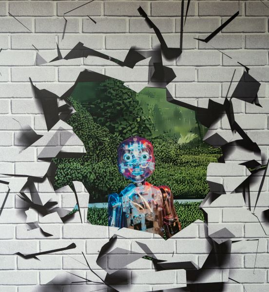 A robot stands in a garden, visible through a large hole in a gray brick wall, surrounded by jagged, shattered fragments, evoking surprise.