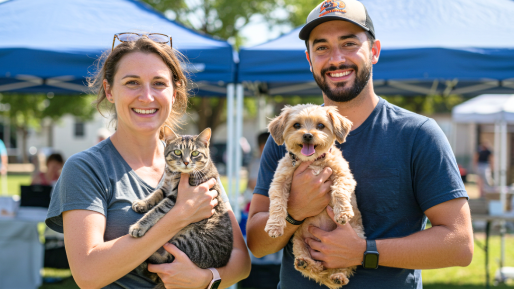 Two residents smiling at an outdoor event holding a cat and a small dog at mobile event.
