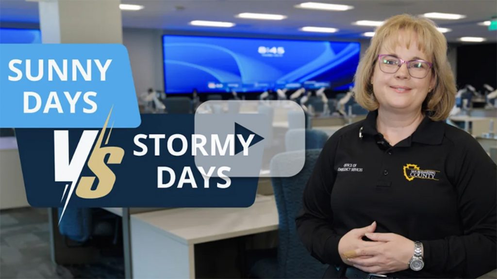 Anjila Lebsock of San Bernardino County OES in a “Sunny Days vs. Stormy Days” video thumbnail with a play button.