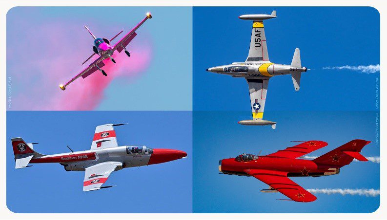 Four individual shots of vintage planes taking the skies during a past Apple Valley Airshow at the Apple Valley Airport.