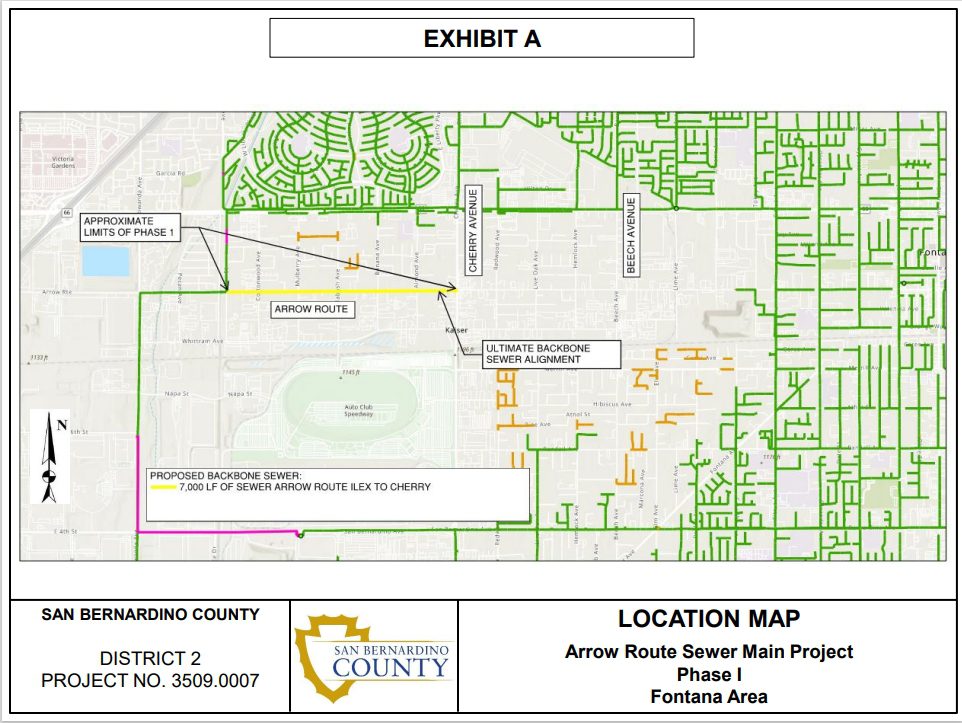 A location map titled 'Exhibit A' showing the Arrow Route Sewer Main Project, Phase 1, in the Fontana area. The map outlines proposed sewer construction along Arrow Route from Ilex Avenue to Beech Avenue, Beech Avenue from Arrow Route to Foothill Avenue, and Cherry Avenue from Arrow Route to Foothill Avenue. The approximate project limits of phase 1 of the project and ultimate backbone sewer alignment are marked. San Bernardino County's District 2 and Project No. 3509.0007 are indicated at the bottom.