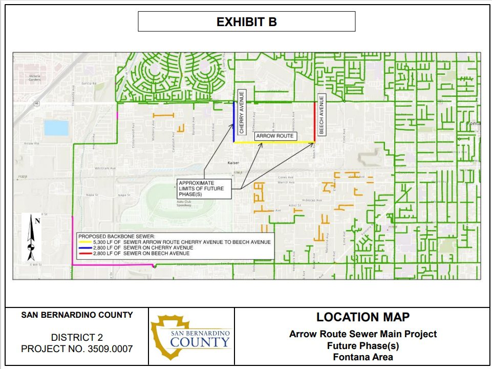 A location map titled 'Exhibit B' showing the future phases of the Arrow Route Sewer Main Project in the Fontana area. The approximate project limits of future phases along Cherry Avenue, Arrow Route, and Beech Avenue of the project and proposed backbone sewer alignment are marked. San Bernardino County's District 2 and Project No. 3509.0007 are indicated at the bottom.