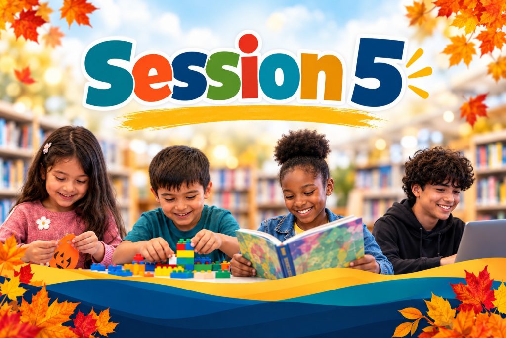 San Bernardino County Library “Session 5” poster shows children crafting, building, reading, and exploring STEM, with teens and adults learning.