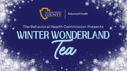 Text: “Behavioral Health Commission Presents Winter Wonderland Tea” surrounded by snow.